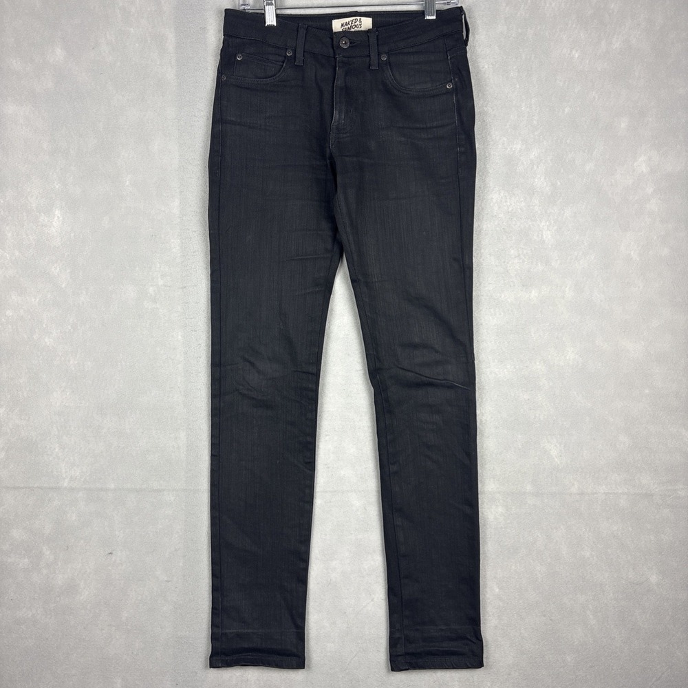 Naked And Famous Super Skinny Guy Jeans Mens 29x31 Black Wax Coated Stretch Vamp